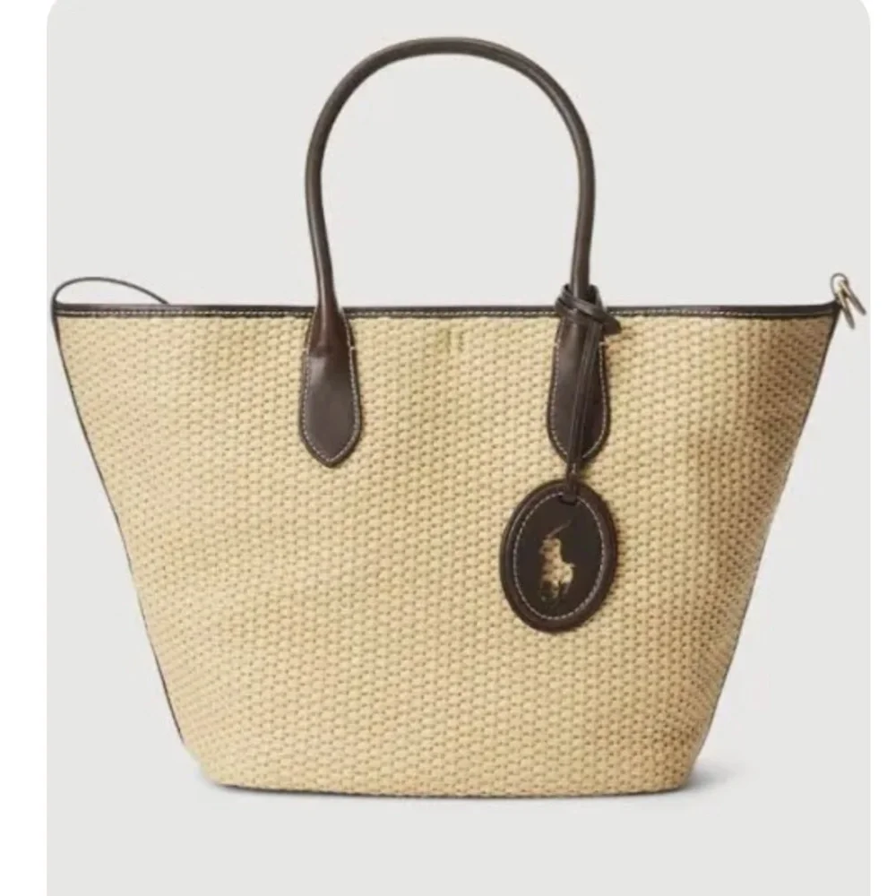 NWT Polo by Ralph Lauren Leather-Trim Straw Medium Bellport Tote - Picture 3 of 14